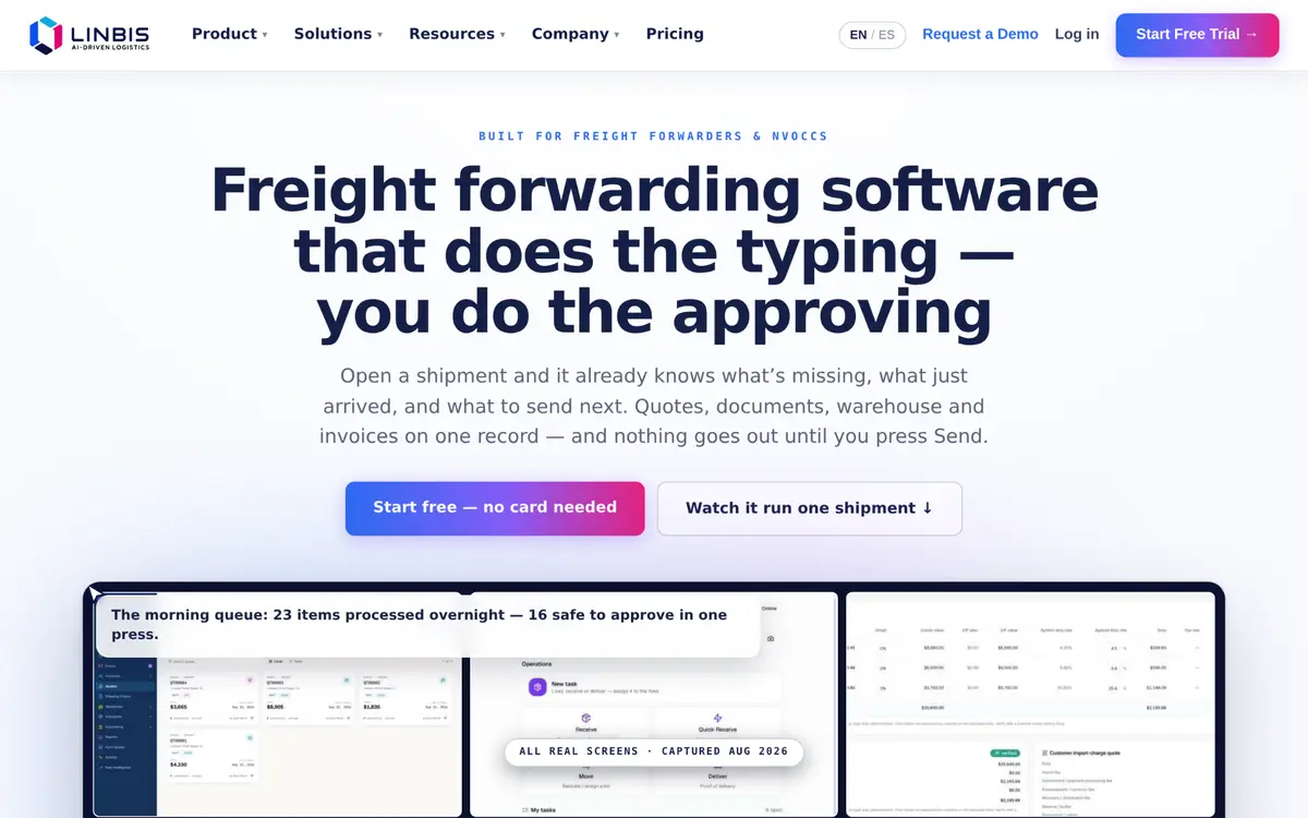 Linbis homepage showing its AI-driven freight forwarding software for forwarders and NVOCCs
