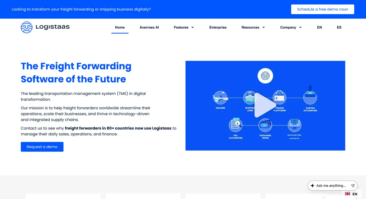 Logistaas homepage presenting its freight forwarding transportation management system