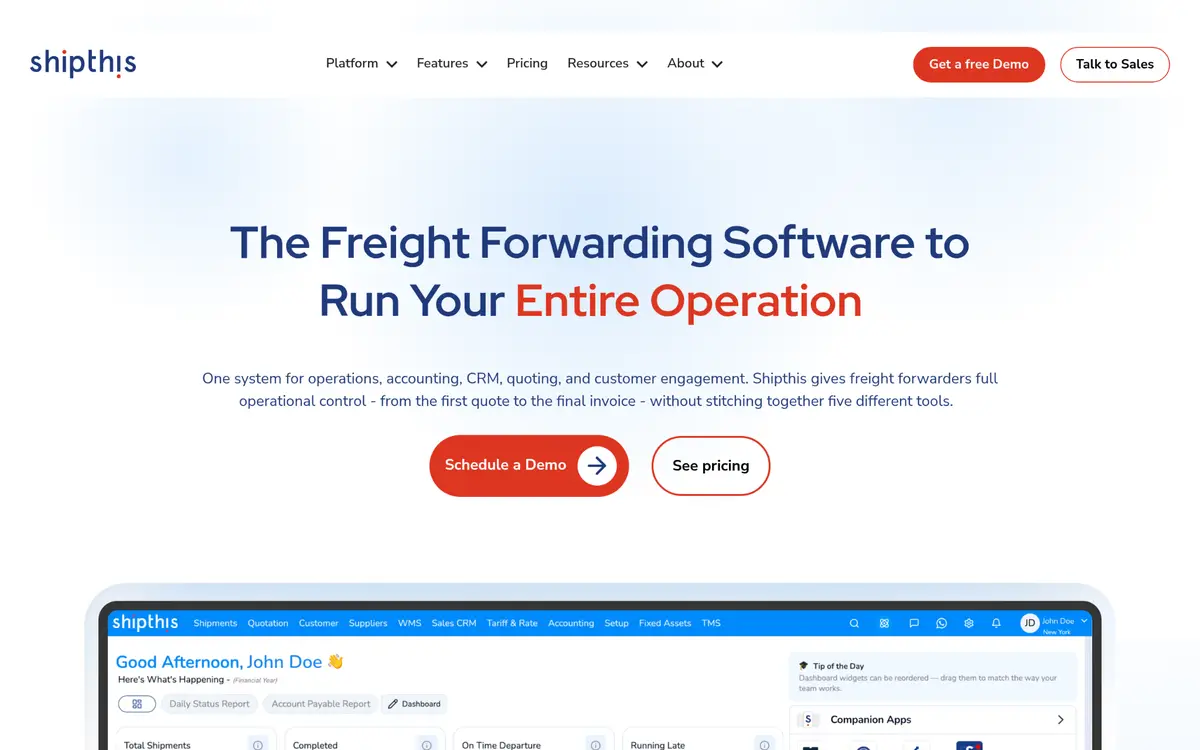 Shipthis homepage describing freight forwarding software for operations, accounting, CRM, and quoting
