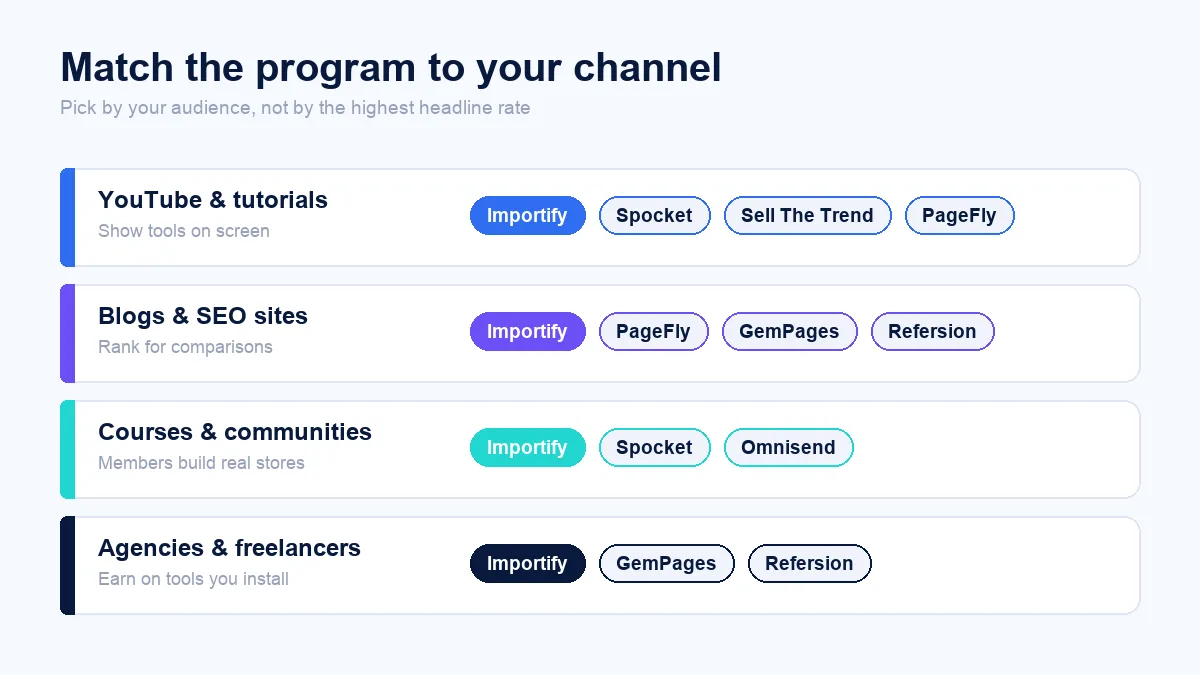 Matrix matching creator channels like YouTube, blogs, courses, and agencies to the best-fit recurring affiliate programs