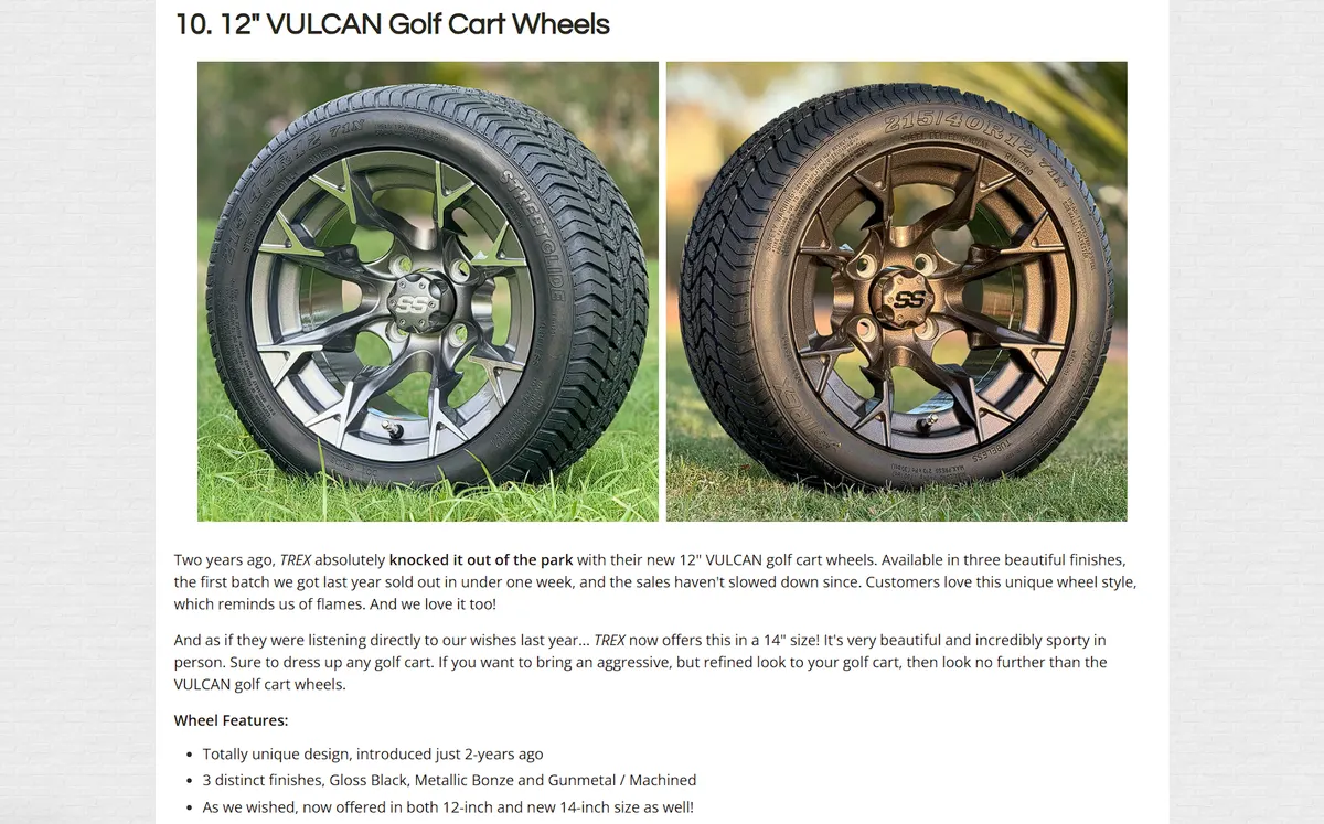 Golf Cart Tire Supply roundup entry with two wheel photos, a short summary and a feature list