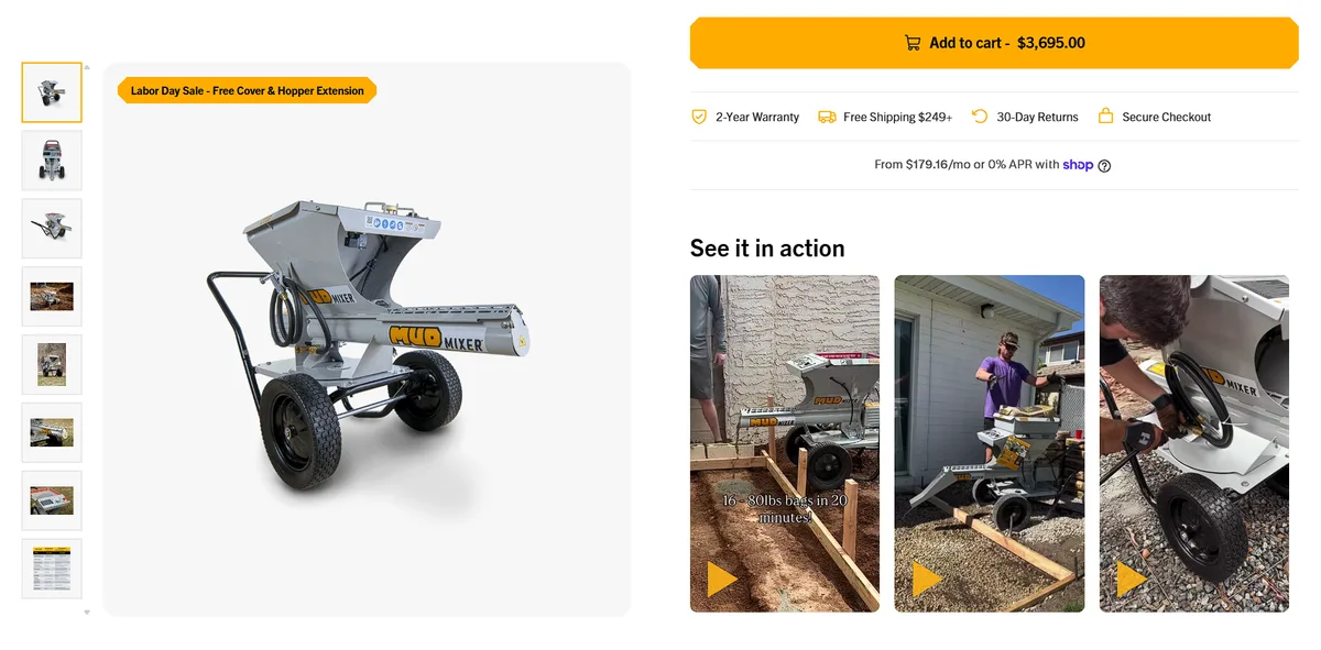 MudMixer Evolution product page with a See it in action video carousel under the Add to cart button