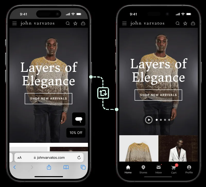 Mobile website converted into a native ecommerce app interface