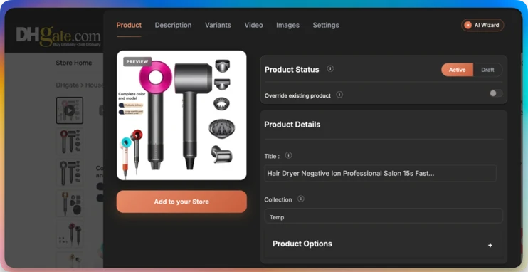 Importify importing a DHgate product into a Shopify store: title, images, and variants pulled in