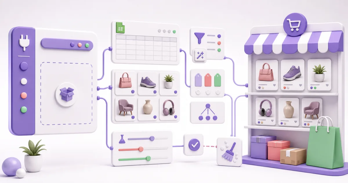 WooCommerce product import workflow with supplier product cards and ecommerce dashboard