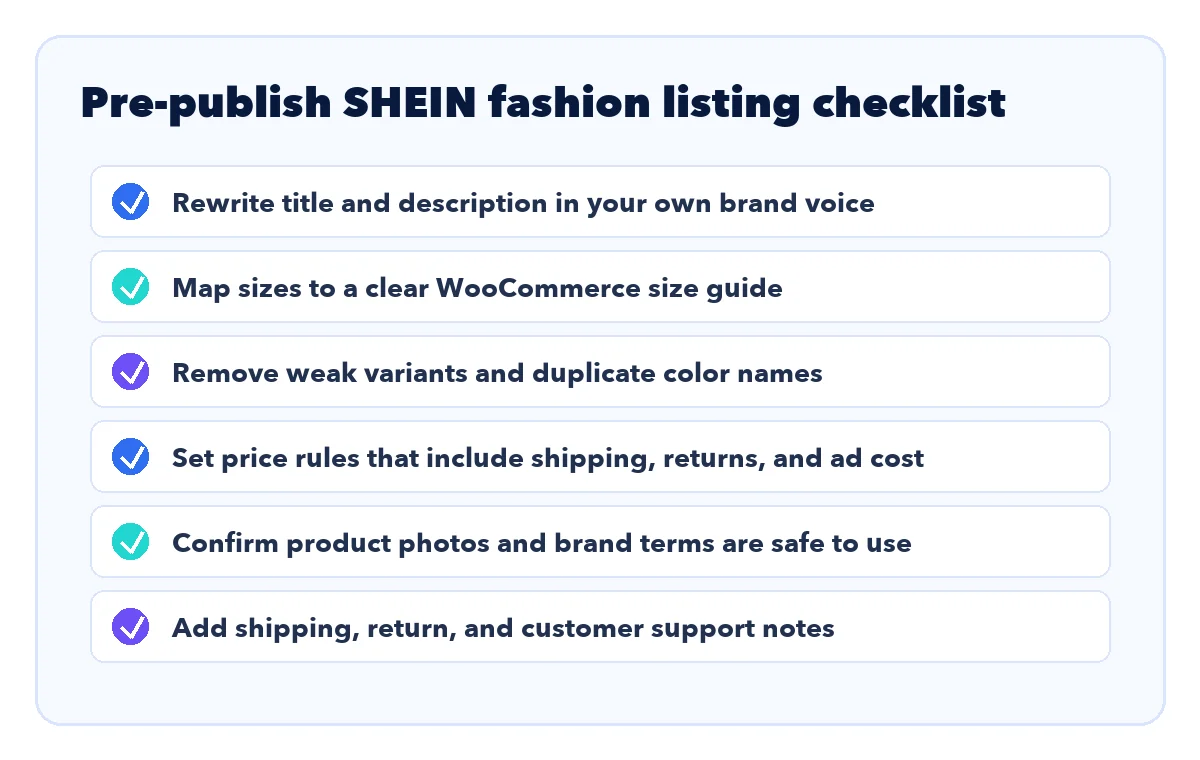 Checklist for cleaning SHEIN fashion listings before publishing to WooCommerce