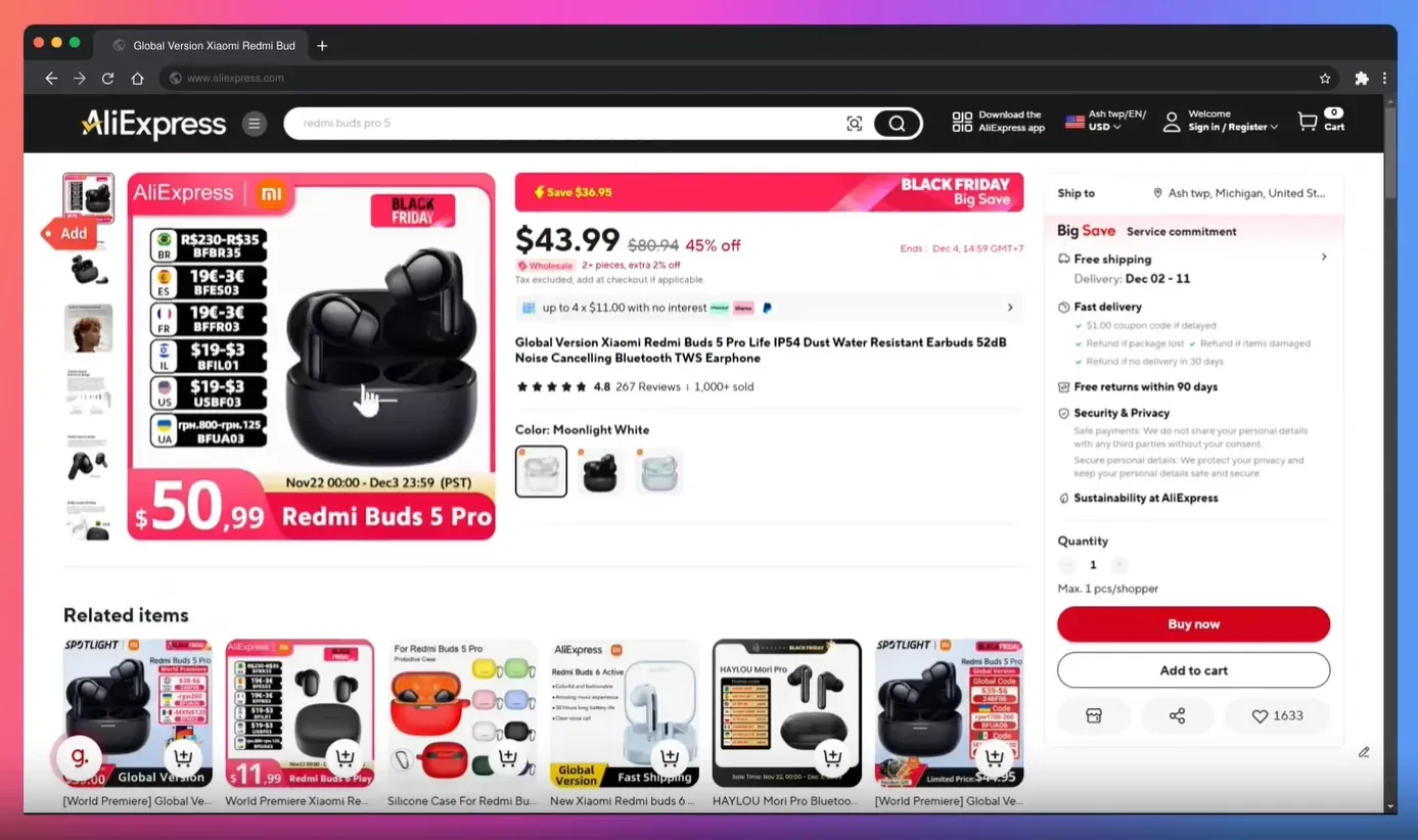AliExpress website price compared with the API price imported into Importify