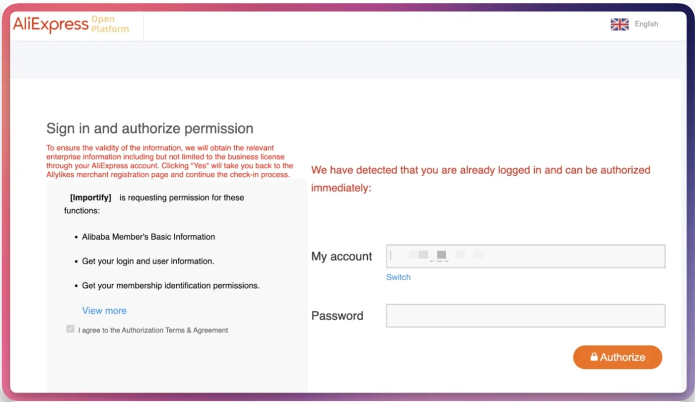 Importify help screenshot for Connect Importify with Aliexpress API step 2