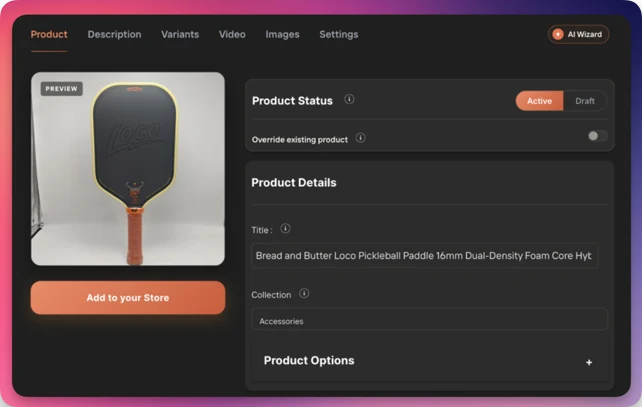 Importify import window open on an Alibaba product page with product details ready to edit