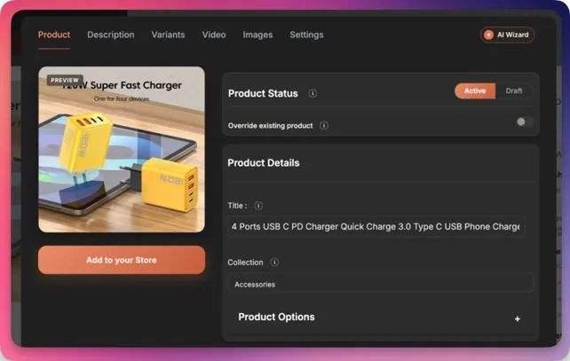 Importify import window open on an AliExpress product page with product details ready to edit