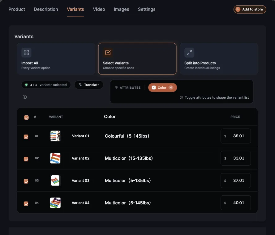 Importify import window for an Amazon product, Product tab with status, title, collection and prices