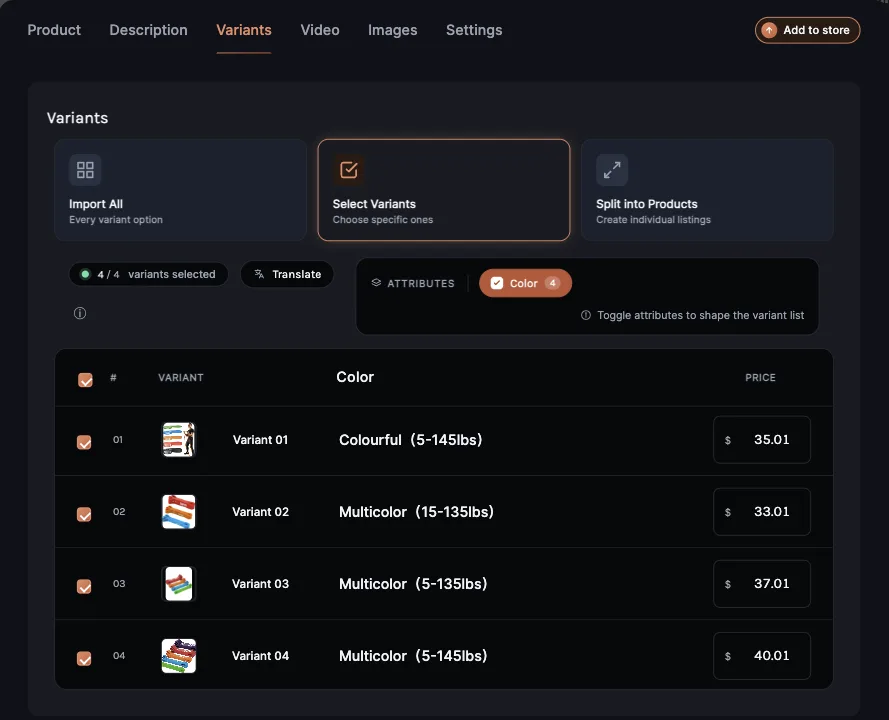Importify Variants tab with Select Variants chosen and a Price box for each variant