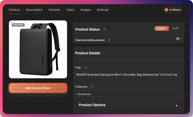 Importify import window open on a Banggood product page with product details ready to edit