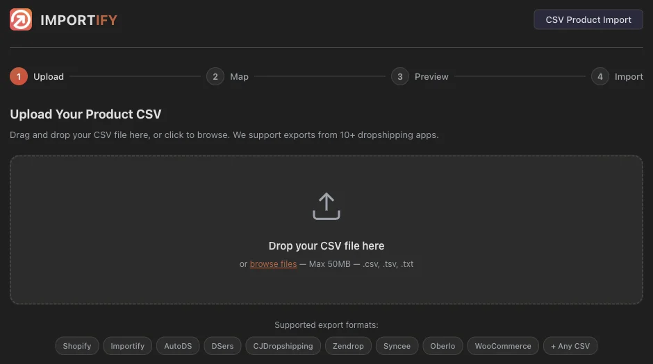 Importify CSV Product Import, Upload step with the file drop area and the supported export formats