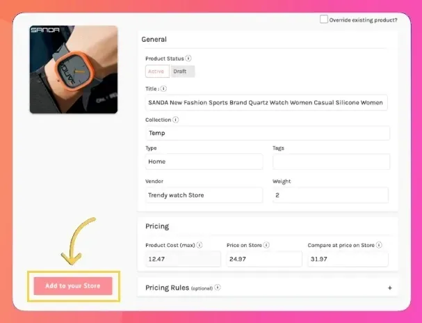 Importify import window before adding a product to Shopify