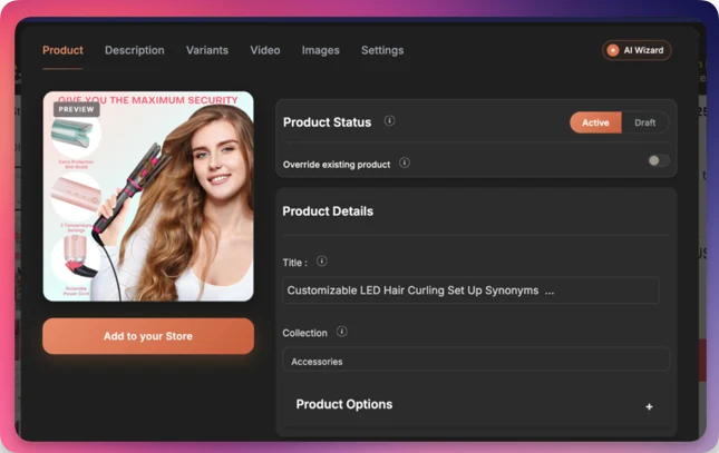 Importify import window open on a DHgate product page with product details ready to edit