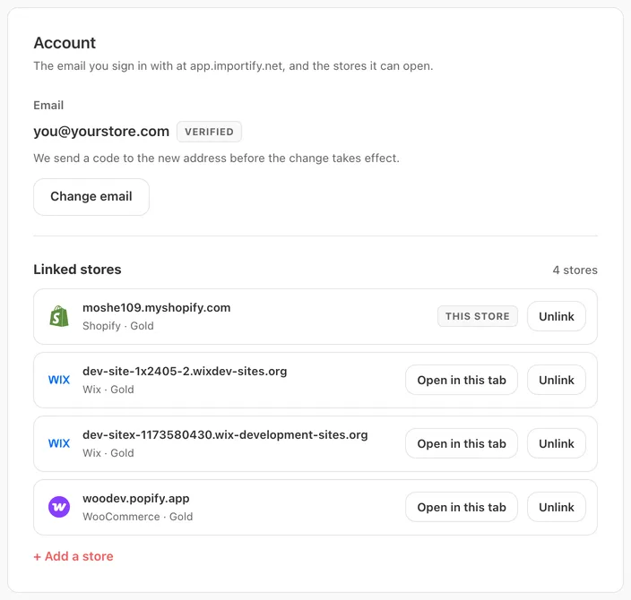 Account tab in Settings with the sign-in email, Change email and linked stores with Unlink