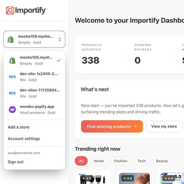 Store menu open at the top of the dashboard sidebar, listing linked stores with their platform and plan