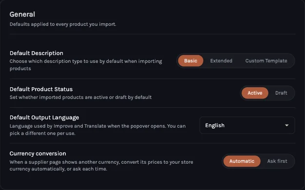 Importify extension Settings, General tab with Default Product Status set by the Active and Draft buttons