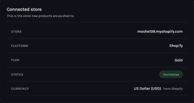 Importify extension Settings, Store tab showing the store currency read from Shopify