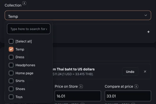 Importify import window with the Collection dropdown open, a search box and a checkbox for each store collection