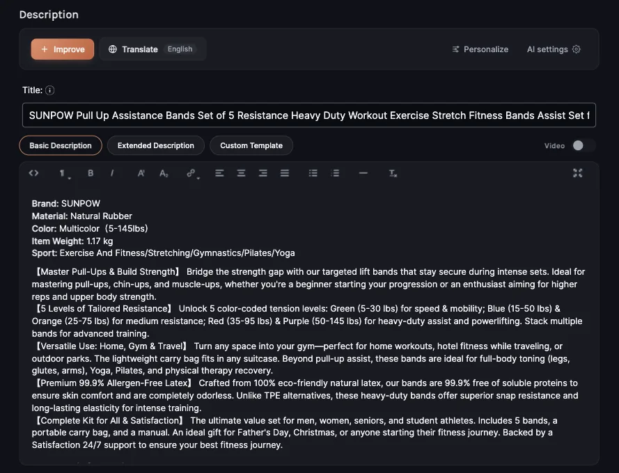 Importify Description tab with the Improve, Translate, Personalize and AI settings toolbar above the title and description