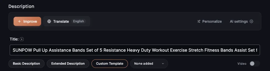 Importify Description tab with Custom Template selected and the template dropdown next to it