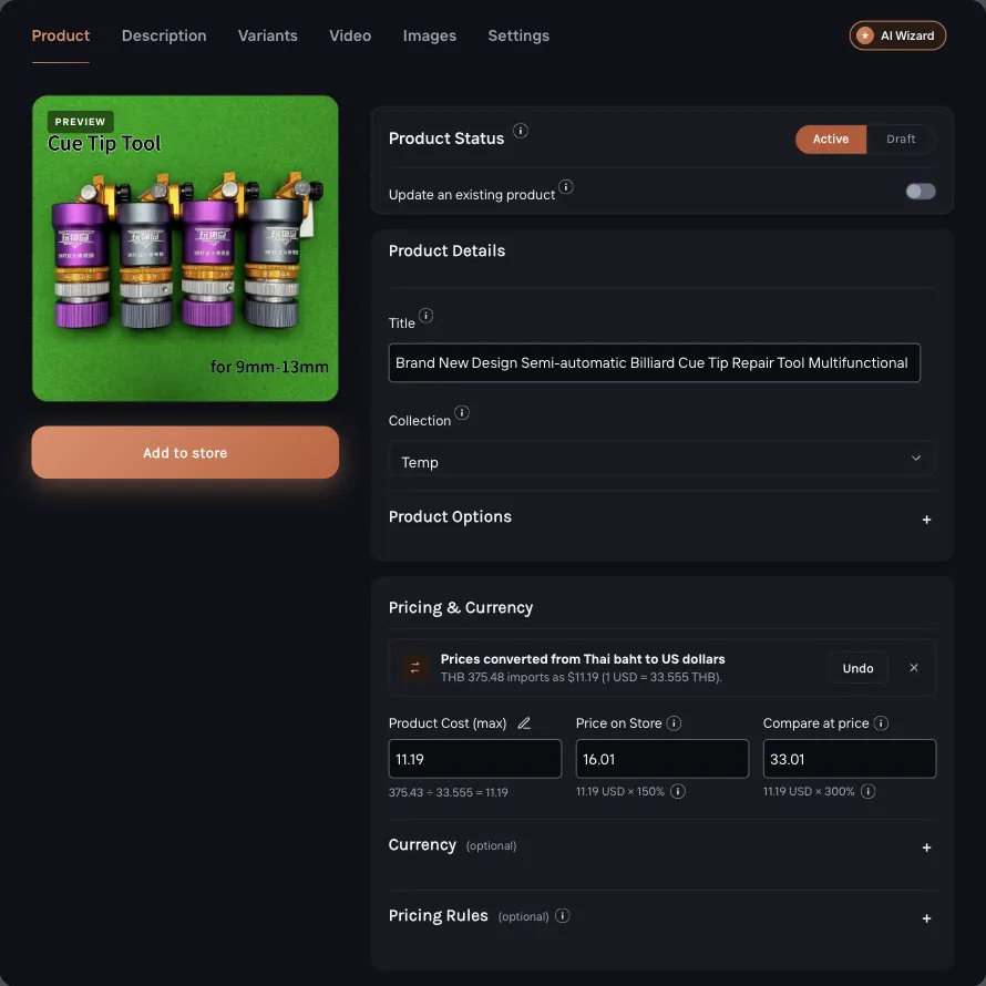 Example: the Importify import window, Product tab with Product Status and the Add to store button