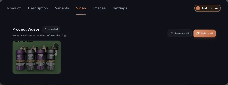 Importify import window, Video tab listing the product video with Select all and Remove all buttons