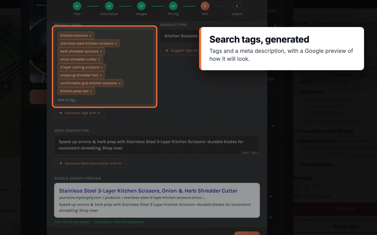 Importify SEO step showing product tags, a meta description, and Google preview