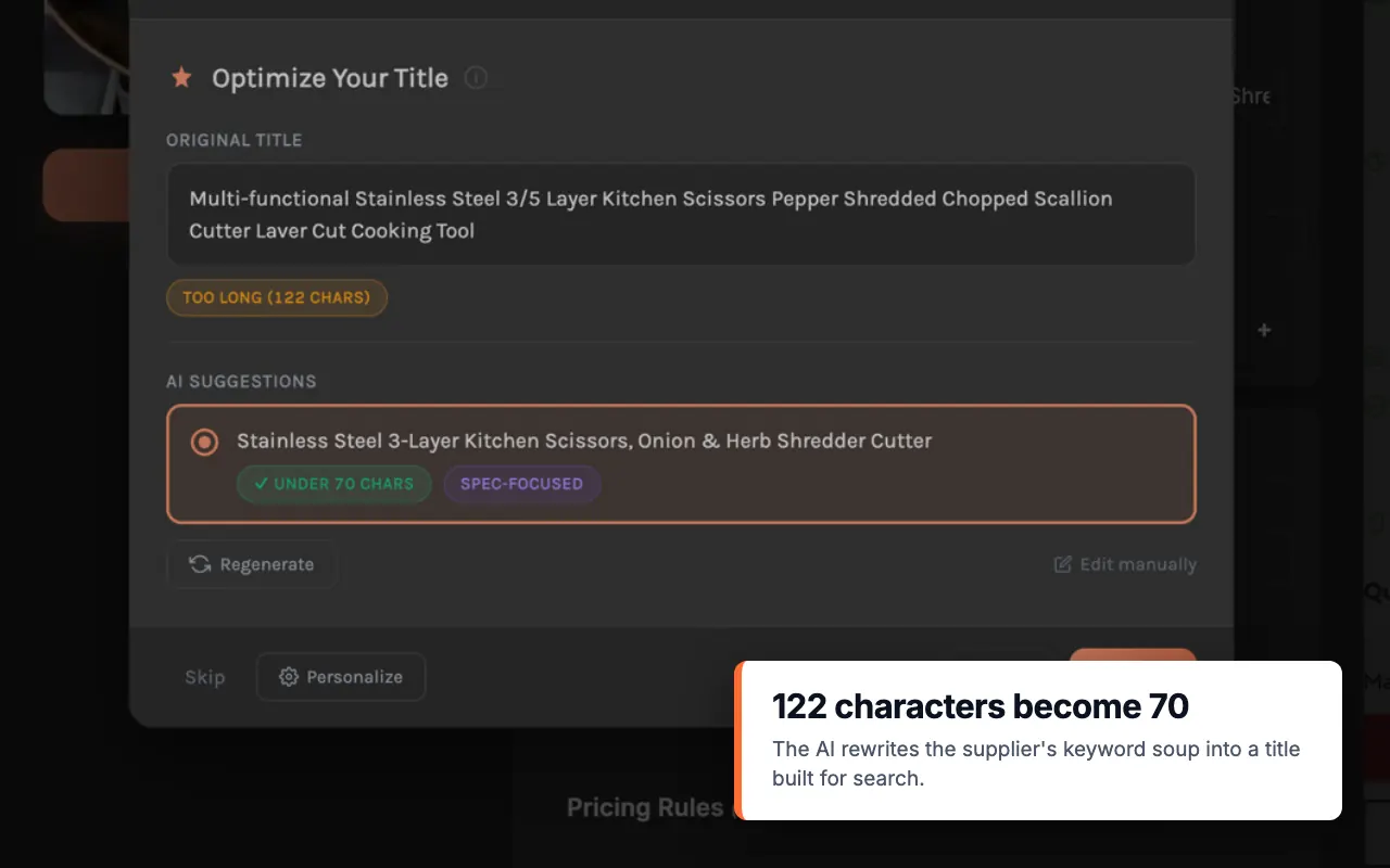 Importify AI title step comparing a supplier title with a shorter suggested title