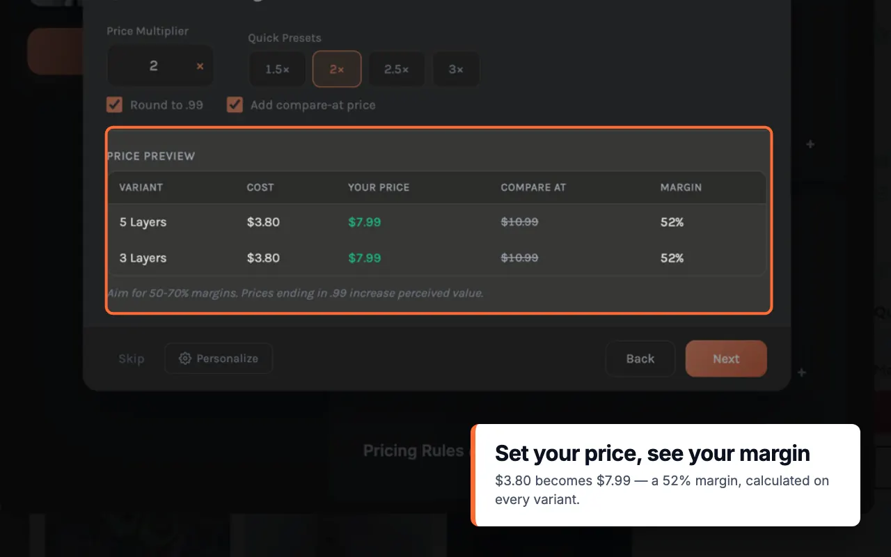 Importify Pricing step showing cost, selling price, compare-at price, and margin preview