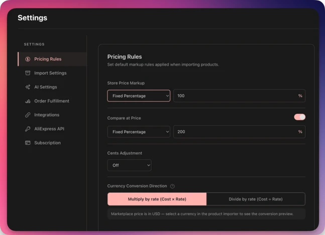 Importify Settings showing Pricing Rules: store price markup, compare at price, cents adjustment, and currency conversion