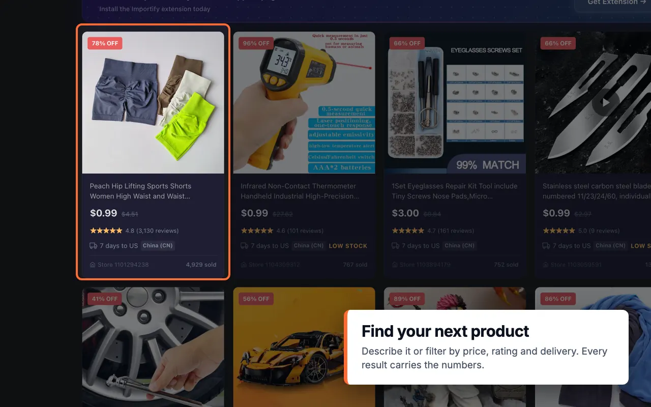Importify Product Finder results with price, rating, delivery, warehouse, and sales data