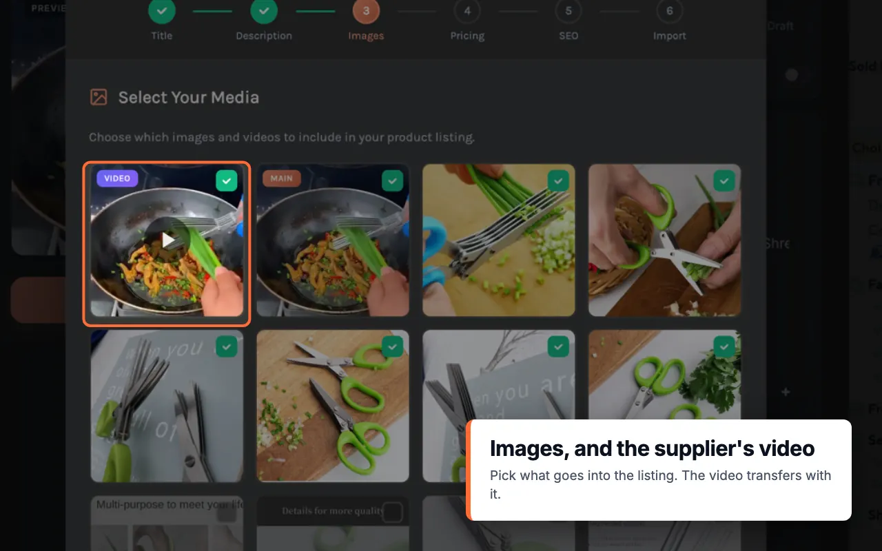 Importify Images step with supplier photos and video selected for the product listing