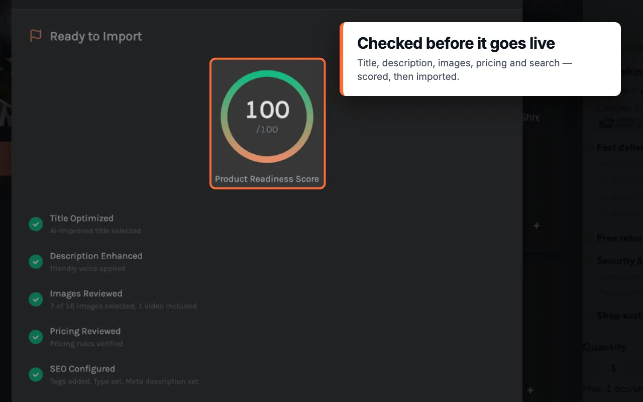 Importify Ready to Import screen with title, description, images, pricing, and SEO checks