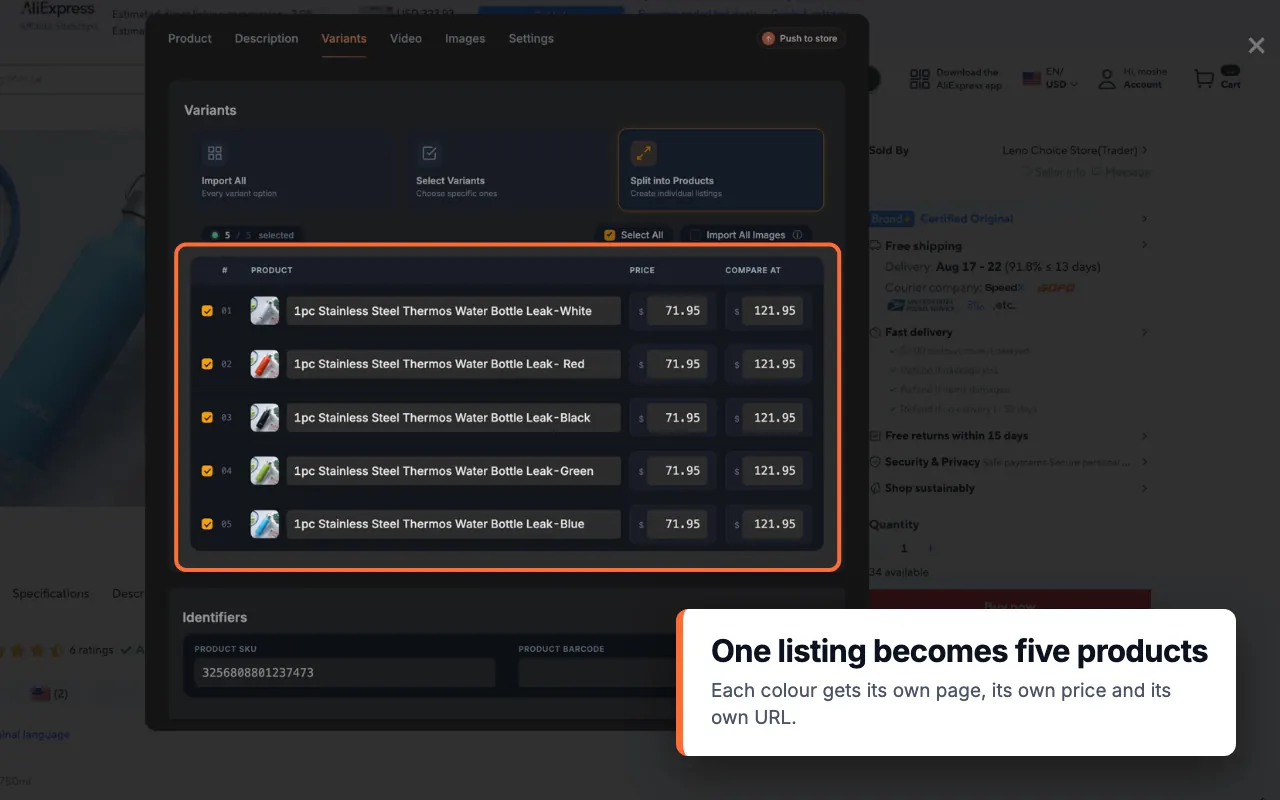 Importify Variants tab with Split into Products selected for five color variants