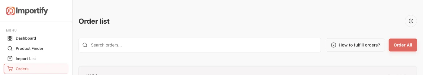 Importify Orders page with the Search orders box, How to fulfill orders? and Order All buttons
