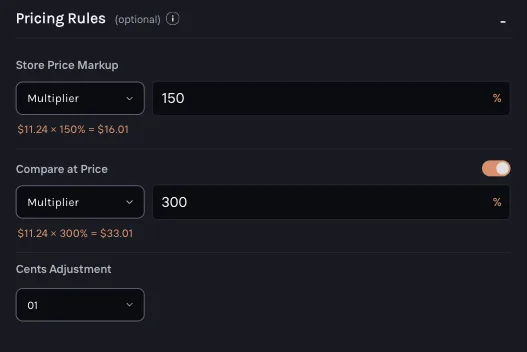 Importify import window, Pricing Rules section with Store Price Markup, Compare at Price and Cents Adjustment
