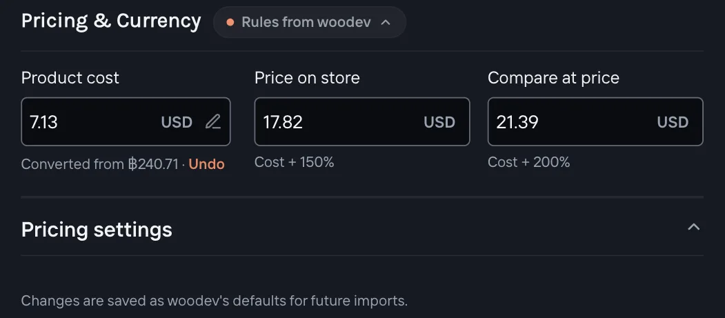 Pricing & Currency with the Rules from woodev pill and the line Changes are saved as woodev's defaults for future imports