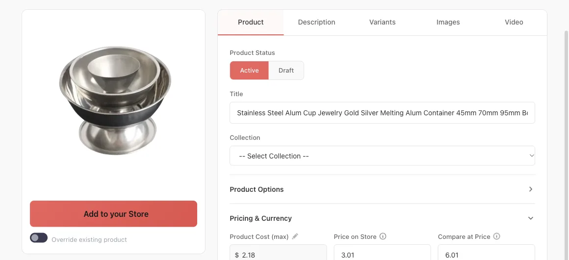 Importify Product Finder editor with Product Status and the Add to your Store button