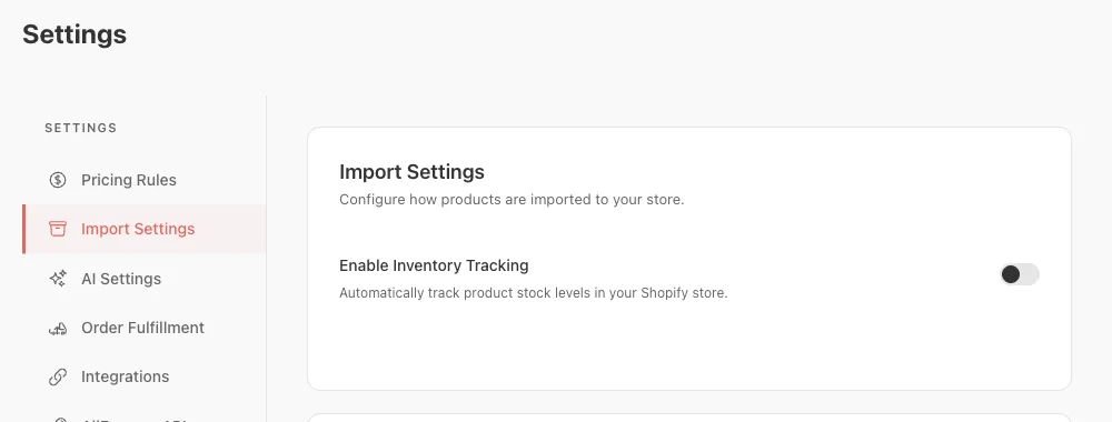 Importify Settings, Import Settings tab with the Enable Inventory Tracking switch