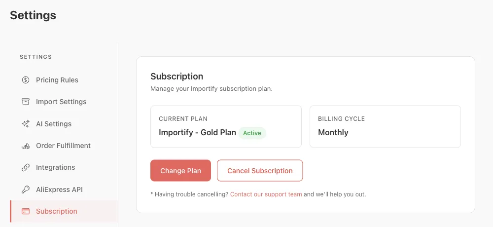 Importify Settings, Subscription tab with the Cancel Subscription button