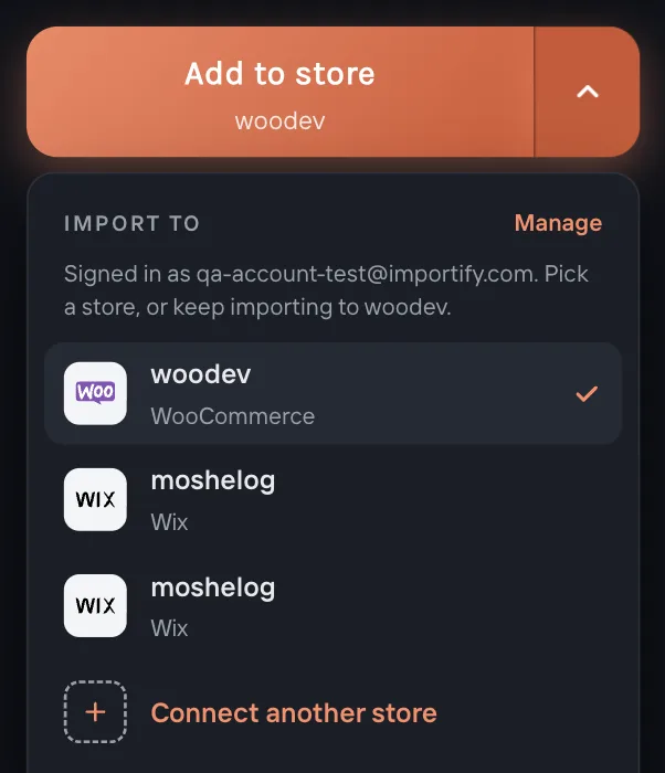 The Import to list under Add to store, with a WooCommerce store ticked and two Wix stores below it