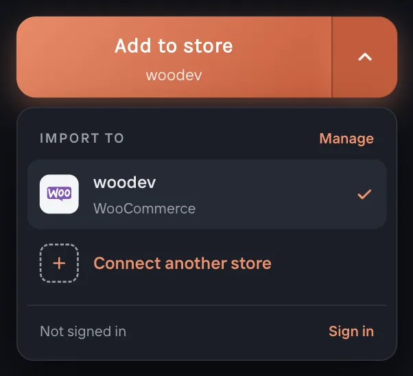 The Import to list while signed out: one store, Connect another store, and Sign in at the bottom