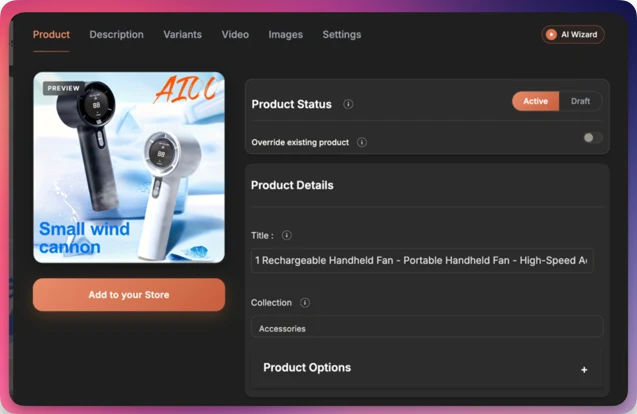 Importify import window open on a Temu product page with product details ready to edit