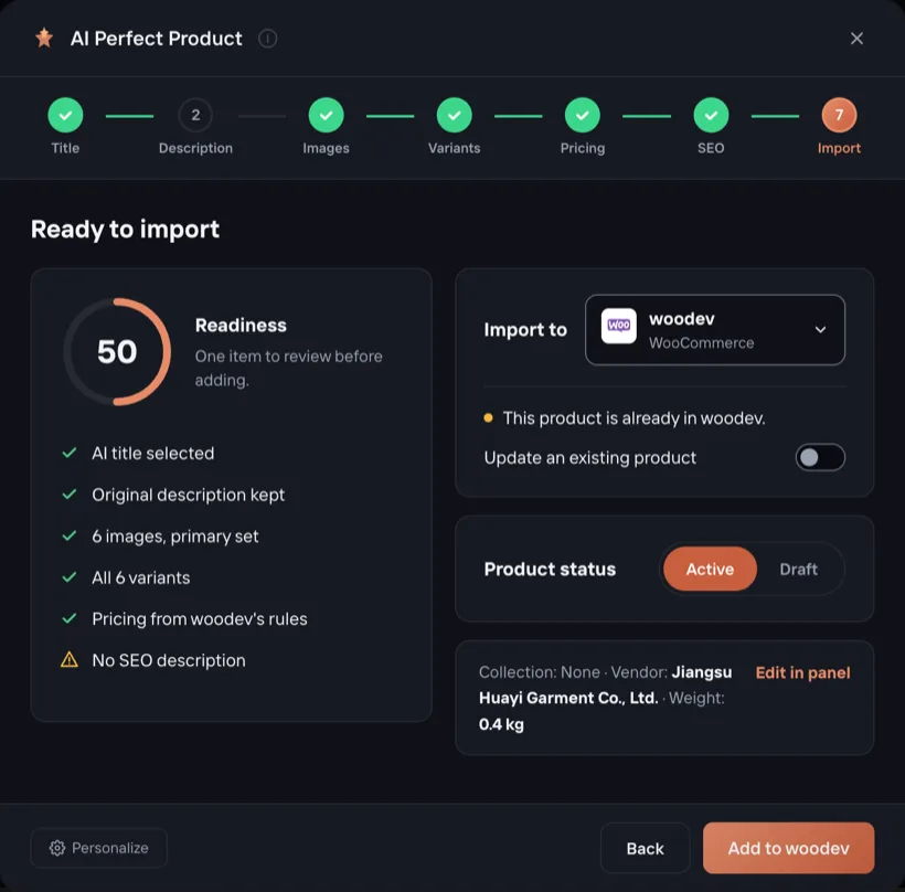The Import step: readiness checklist, the store under Import to, Active or Draft, and Edit in panel