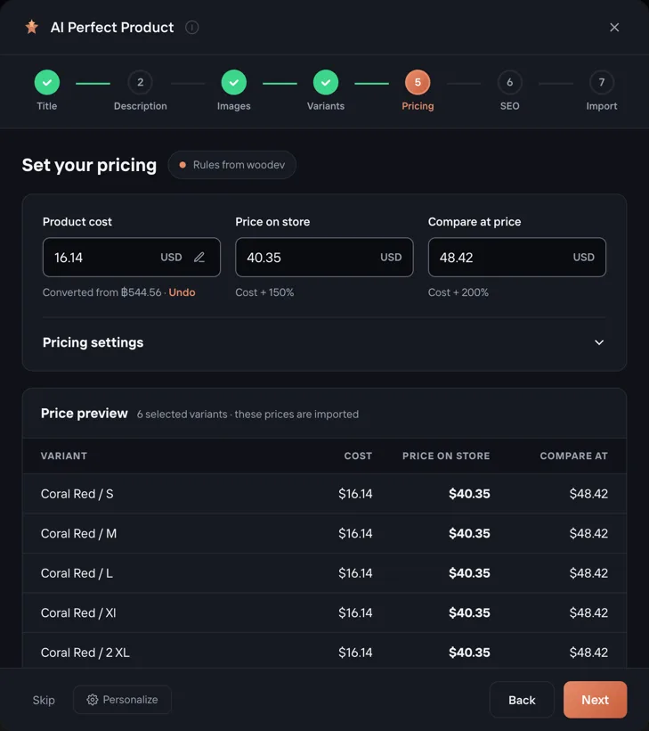 The Pricing step: product cost converted from Thai baht, price on store, compare-at price and the price preview per variant