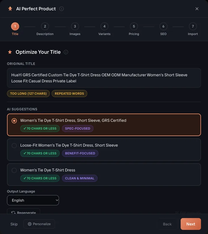 The AI Wizard on the Title step, with the 7 steps across the top and three AI title suggestions